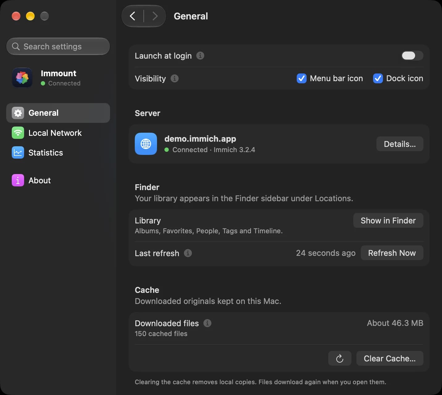 Immount's General settings, showing the connected server, the Finder library and the cache.
